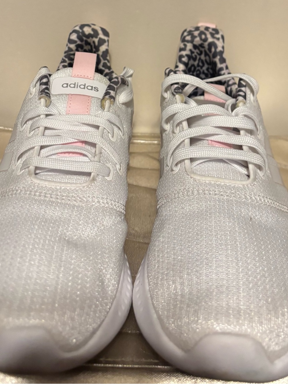 Adidas Women’s White Sneakers with Pink Accents and Leopard Lining